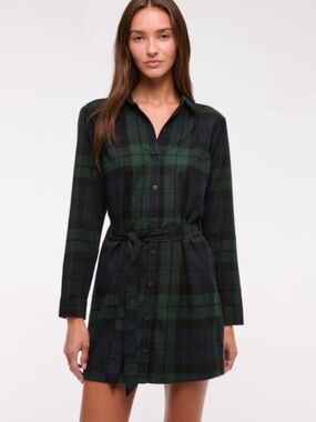 Abercrombie Plaid Button-Front Shirt Dress in Green and Black